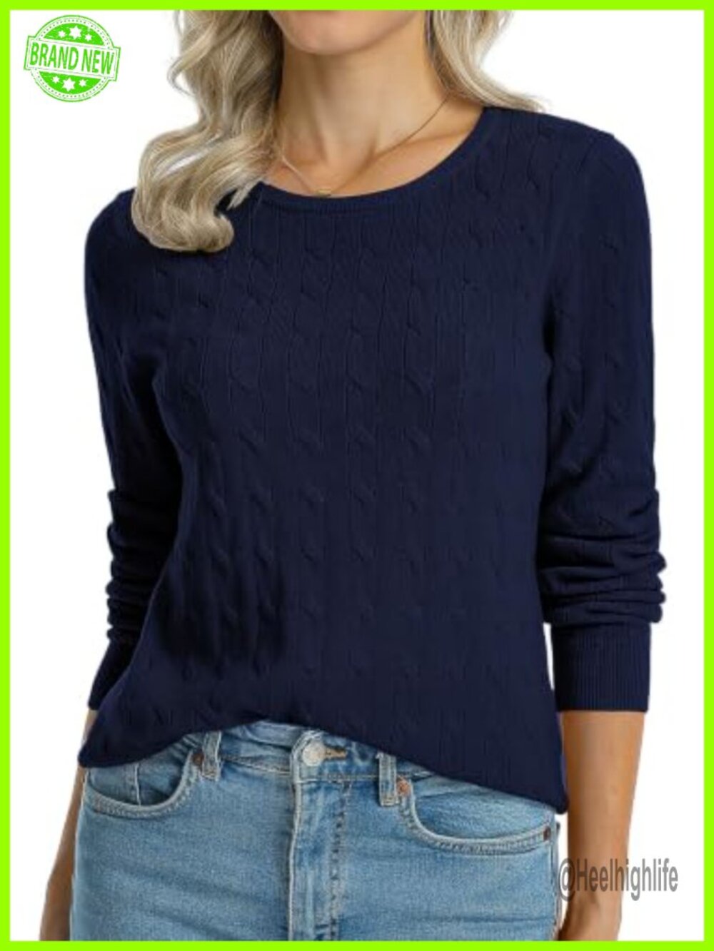 100% Cotton Cable Knit Crewneck Pullover Sweater Lightweight Women's